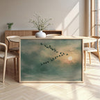 Framed Sage Green Japandi Flying Birds Canvas Wall Art Print | 2224