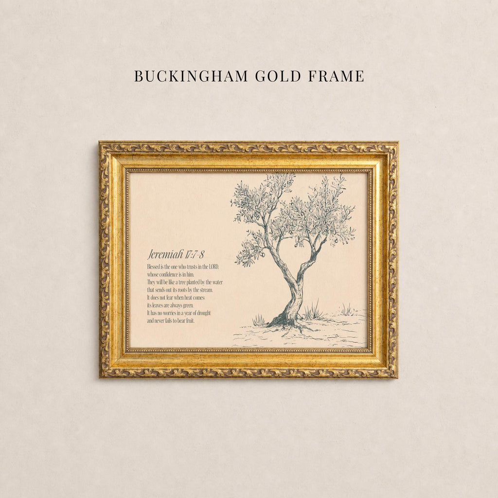 a gold-framed illustration of a tree with a caption underneath it.