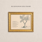 a gold-framed illustration of a tree with a caption underneath it.
