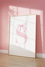 Pink bow coquette wall decoration print Custom Initial Bow Print, bow baby girl name, girls name sign, preppy, vintage, Printable, Framed