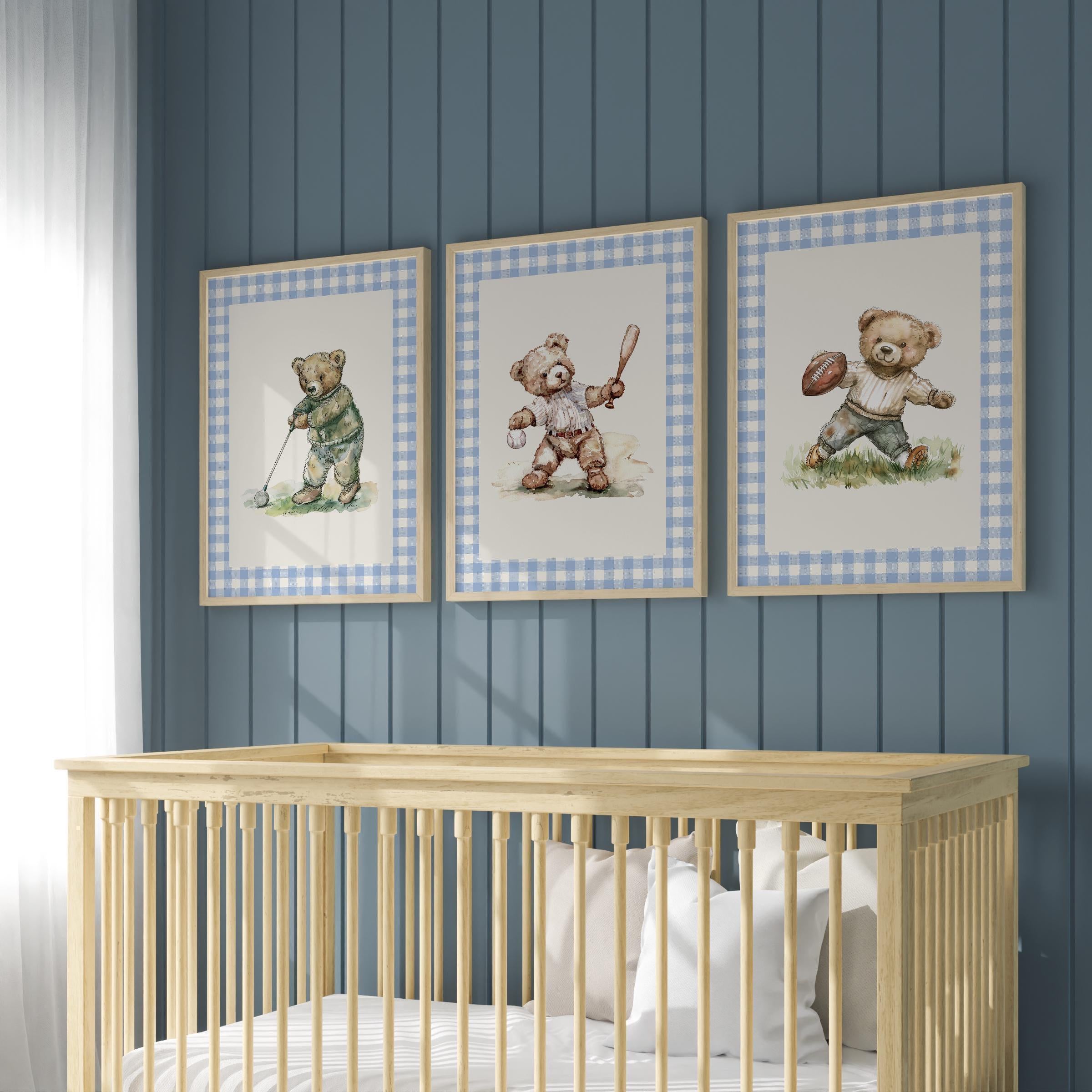Set of 6 Vintage Teddy Bear Sports Wall Art, Babyshower Gift Boy, Watercolor Illustrations,Sports Nursery Theme Decor,Kids Room,Blue Gingham