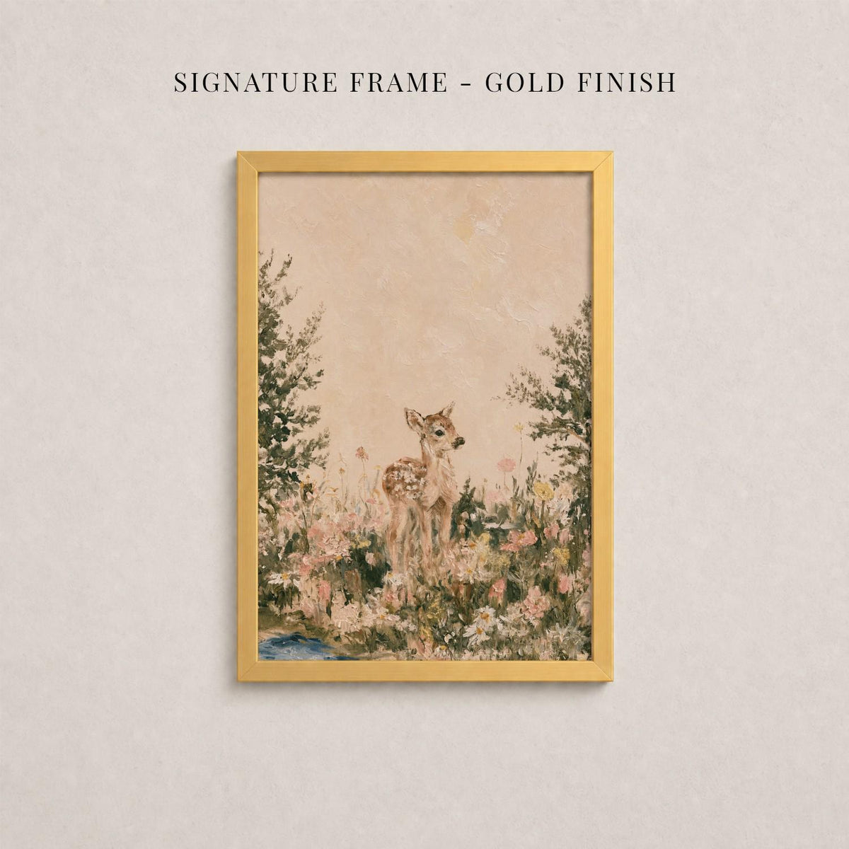 The image is a framed painting depicting a deer standing in a field of flowers.