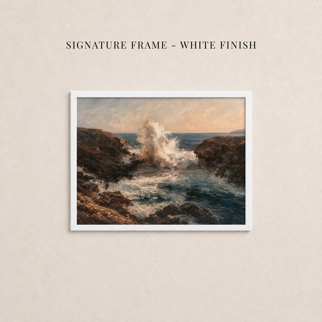 The image is a framed painting depicting a dramatic coastal scene with crashing waves and rocky cliffs.