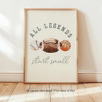 All Legends Start Small Vintage Sport nursery wall art decor boy baby room watercolor football baseball basketball, Digital Printed Framed
