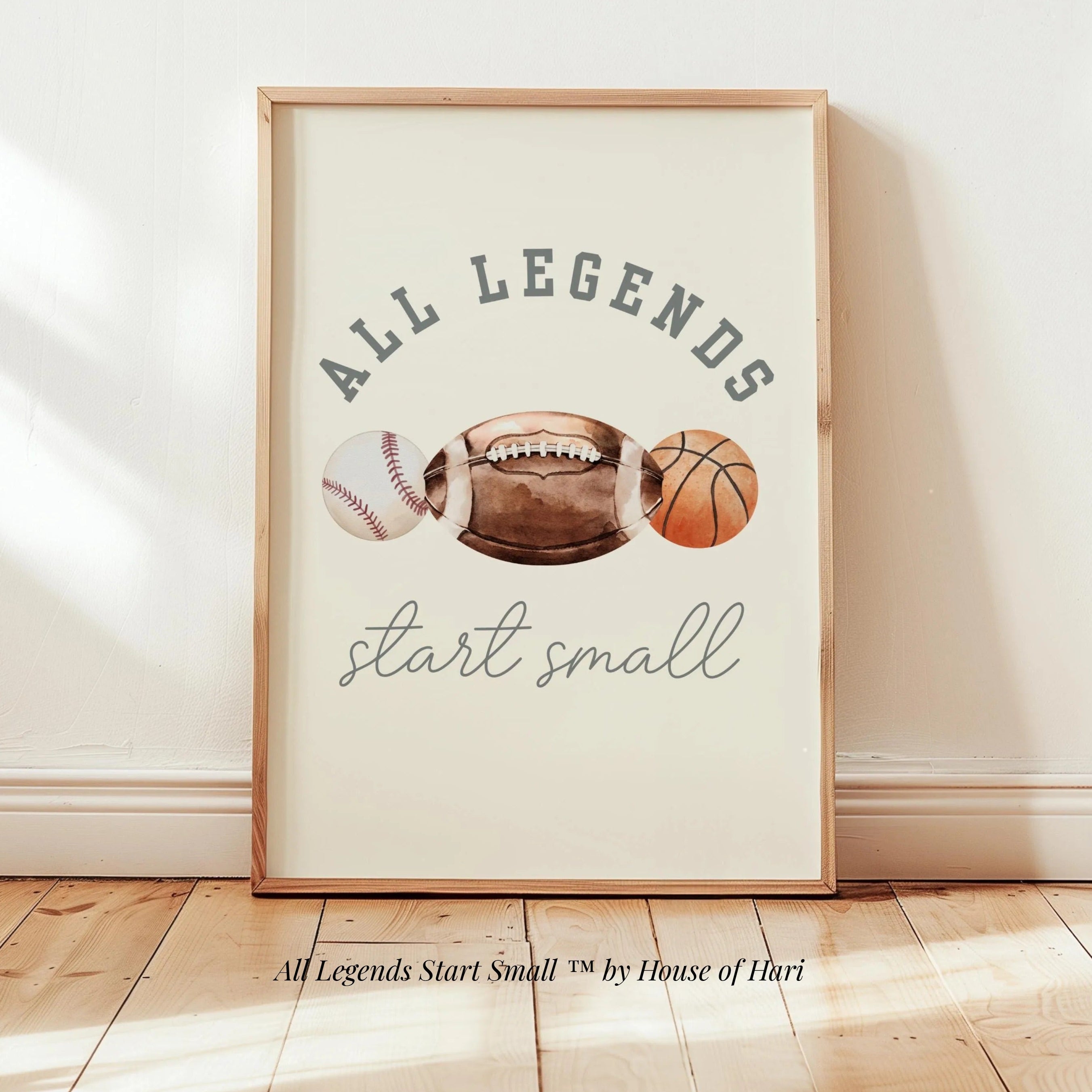 All Legends Start Small Vintage Sport nursery wall art decor boy baby room watercolor football baseball basketball, Digital Printed Framed