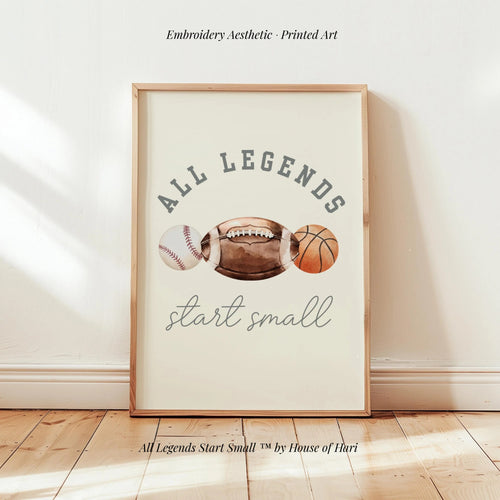 All Legends Start Small Vintage Sport nursery wall art decor boy baby room watercolor football baseball basketball, Digital Printed Framed