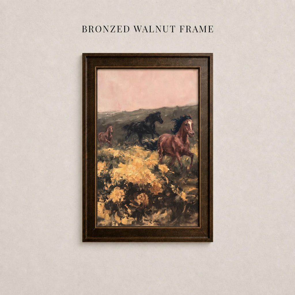 The image is a framed painting depicting three horses galloping through a field with yellow flowers.