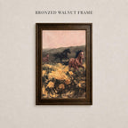 The image is a framed painting depicting three horses galloping through a field with yellow flowers.