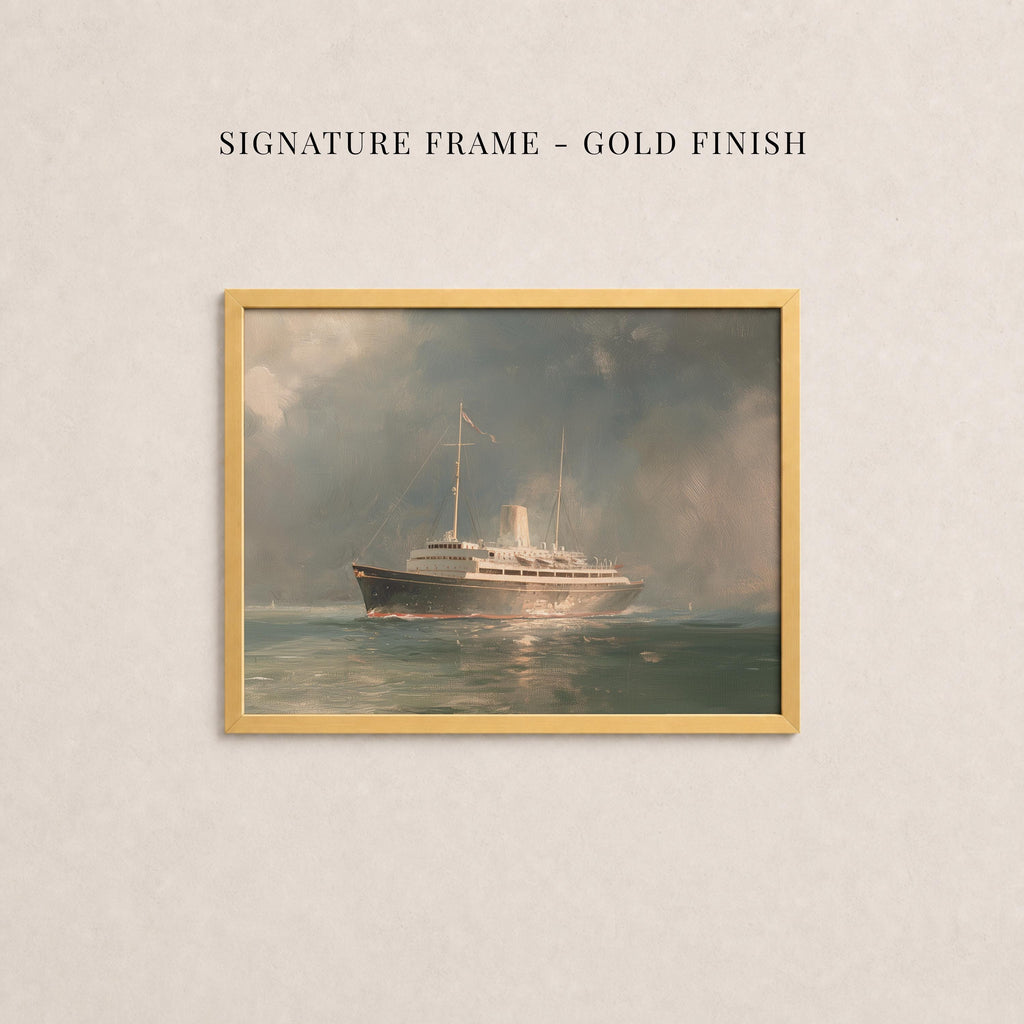 The image is a painting of a large ship sailing on the water, framed in a gold frame.