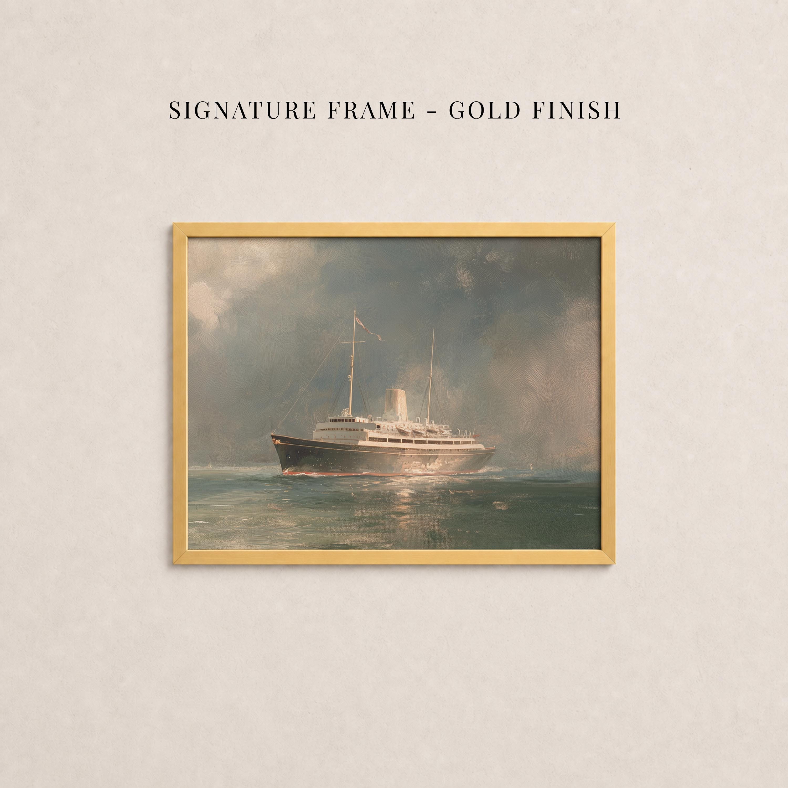 The image is a painting of a large ship sailing on the water, framed in a gold frame.