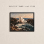 The image is a framed painting depicting a dramatic ocean scene with crashing waves and rocky cliffs.