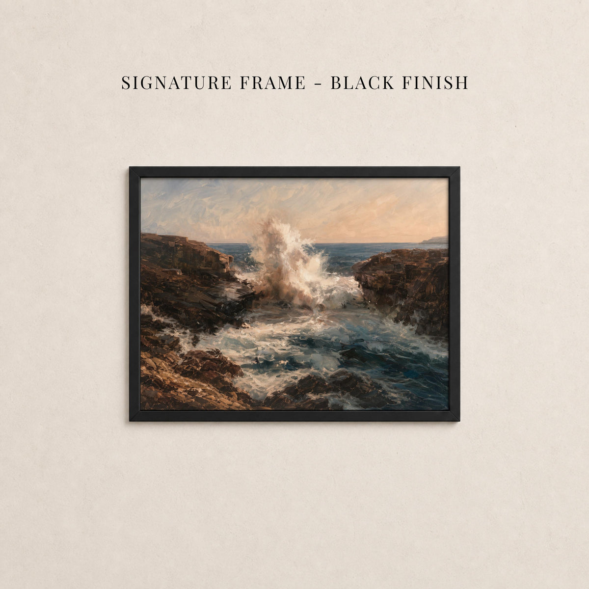 The image is a framed painting depicting a dramatic ocean scene with crashing waves and rocky cliffs.