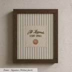 A framed print with the text "All Legends Start Small" and a basketball graphic.