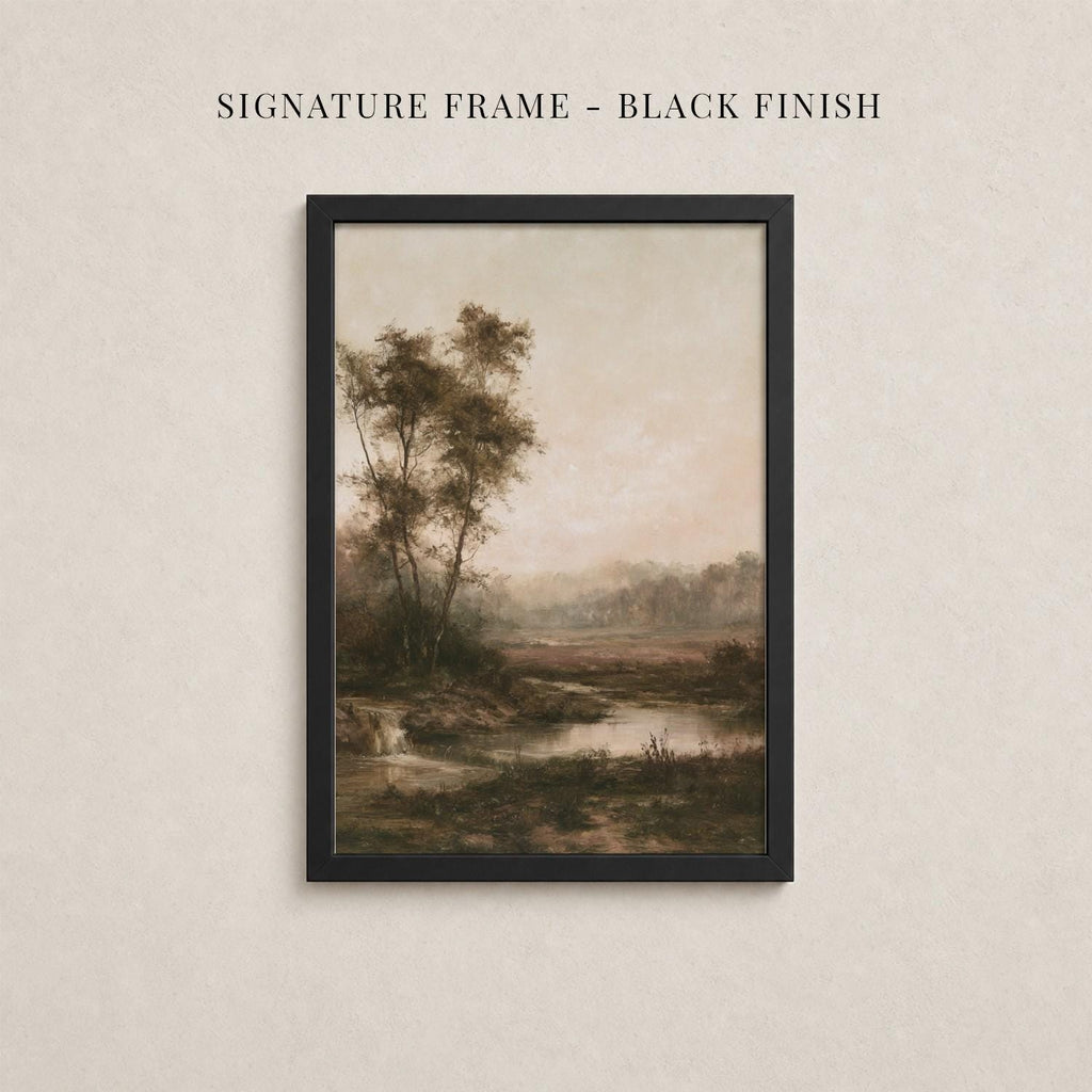 The image is a framed painting depicting a serene landscape with trees, a river, and a hazy sky.