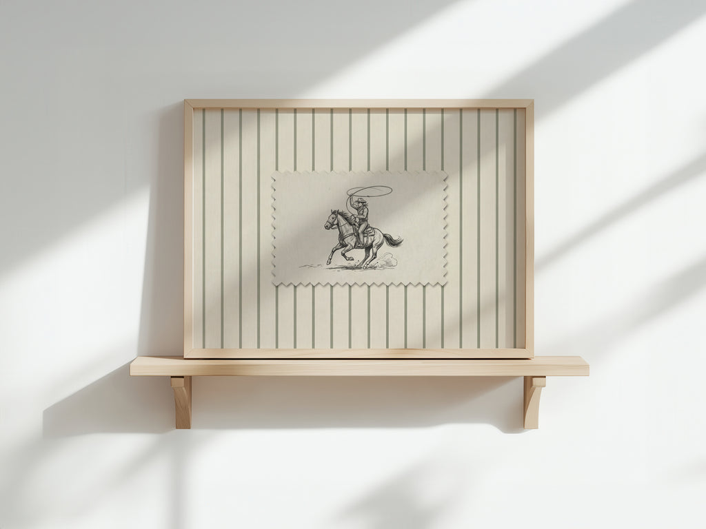 a wooden shelf with a framed picture of a cowboy on a horse.