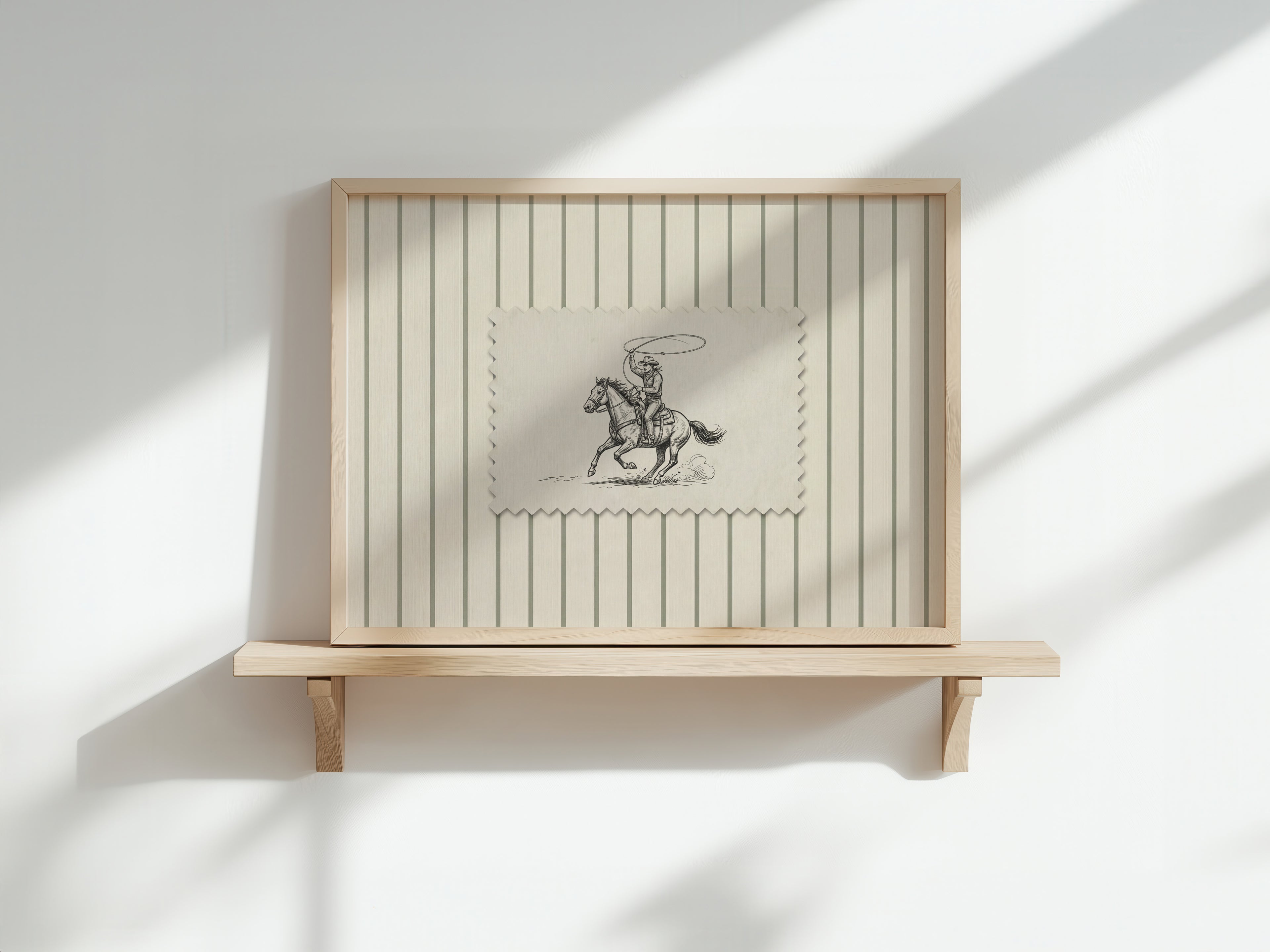 a wooden shelf with a framed picture of a cowboy on a horse.