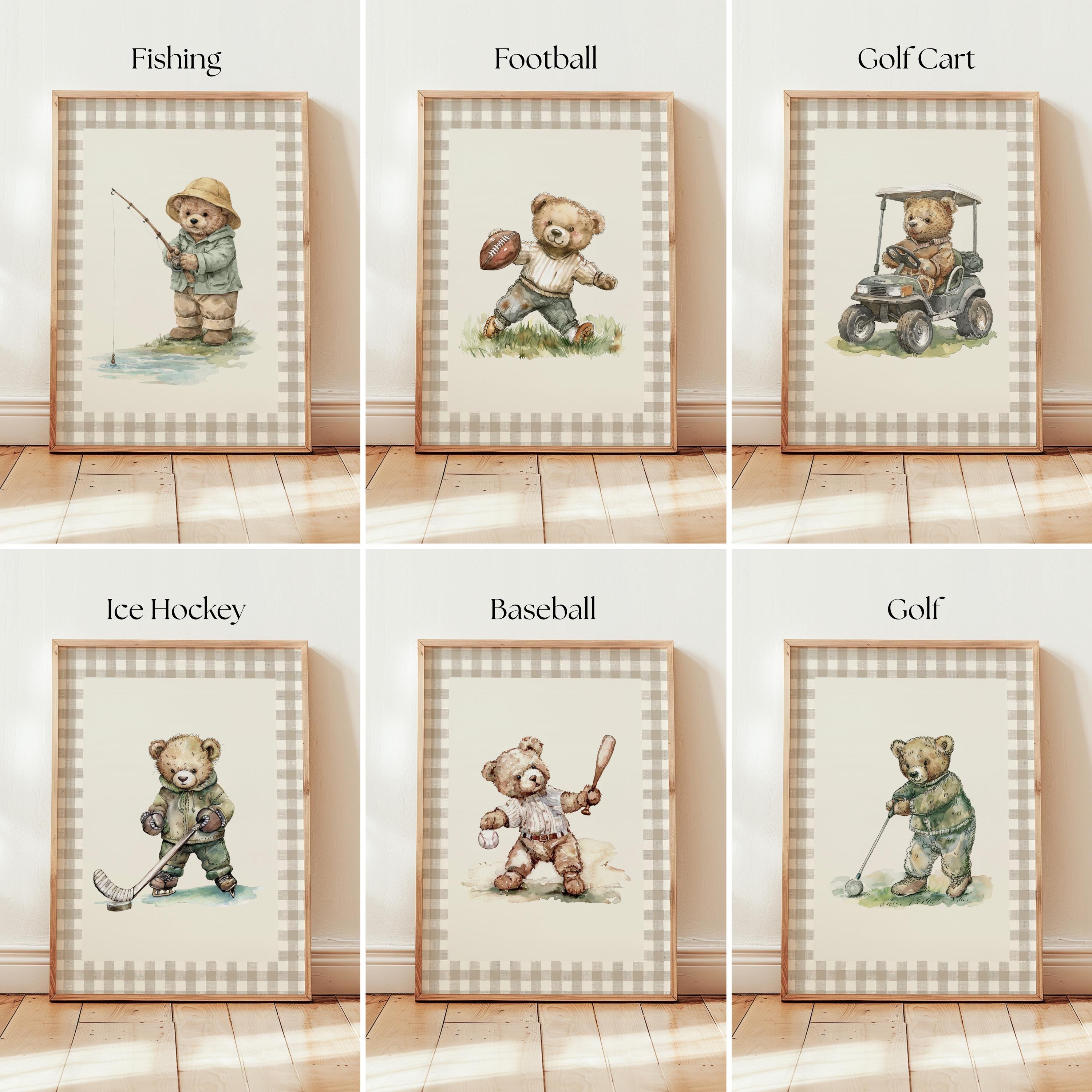 six framed prints featuring teddy bears engaged in various sports activities, such as fishing, football, golf cart, ice hockey, baseball, and golf.