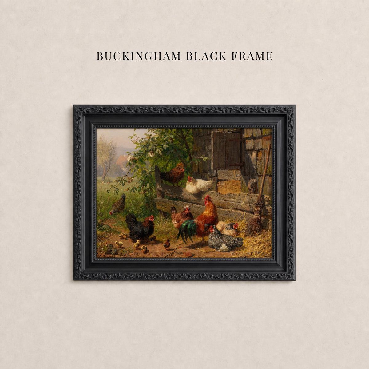 A framed painting depicting a rural scene with chickens and a barn in the background.