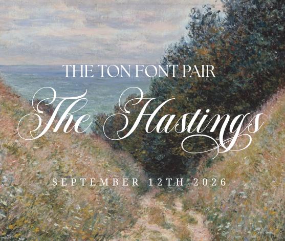The image is an advertisement for a font pairing event called "The Ton Font Pair" featuring the word "The Hastings" in a cursive font.