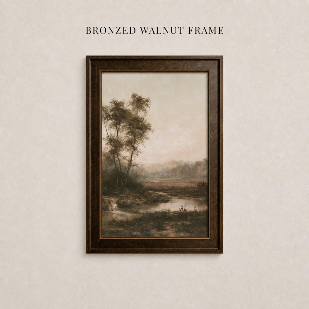 The image is a framed painting of a serene landscape, depicting a tranquil scene with trees, a river, and a peaceful atmosphere.