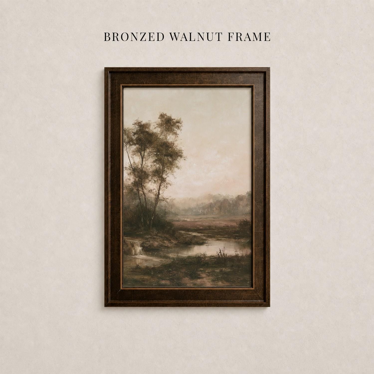 The image is a framed painting of a serene landscape, depicting a tranquil scene with trees, a river, and a peaceful atmosphere.