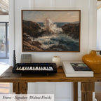 a wooden table with a framed painting of a crashing ocean, a musical keyboard, and a book titled "Manual".