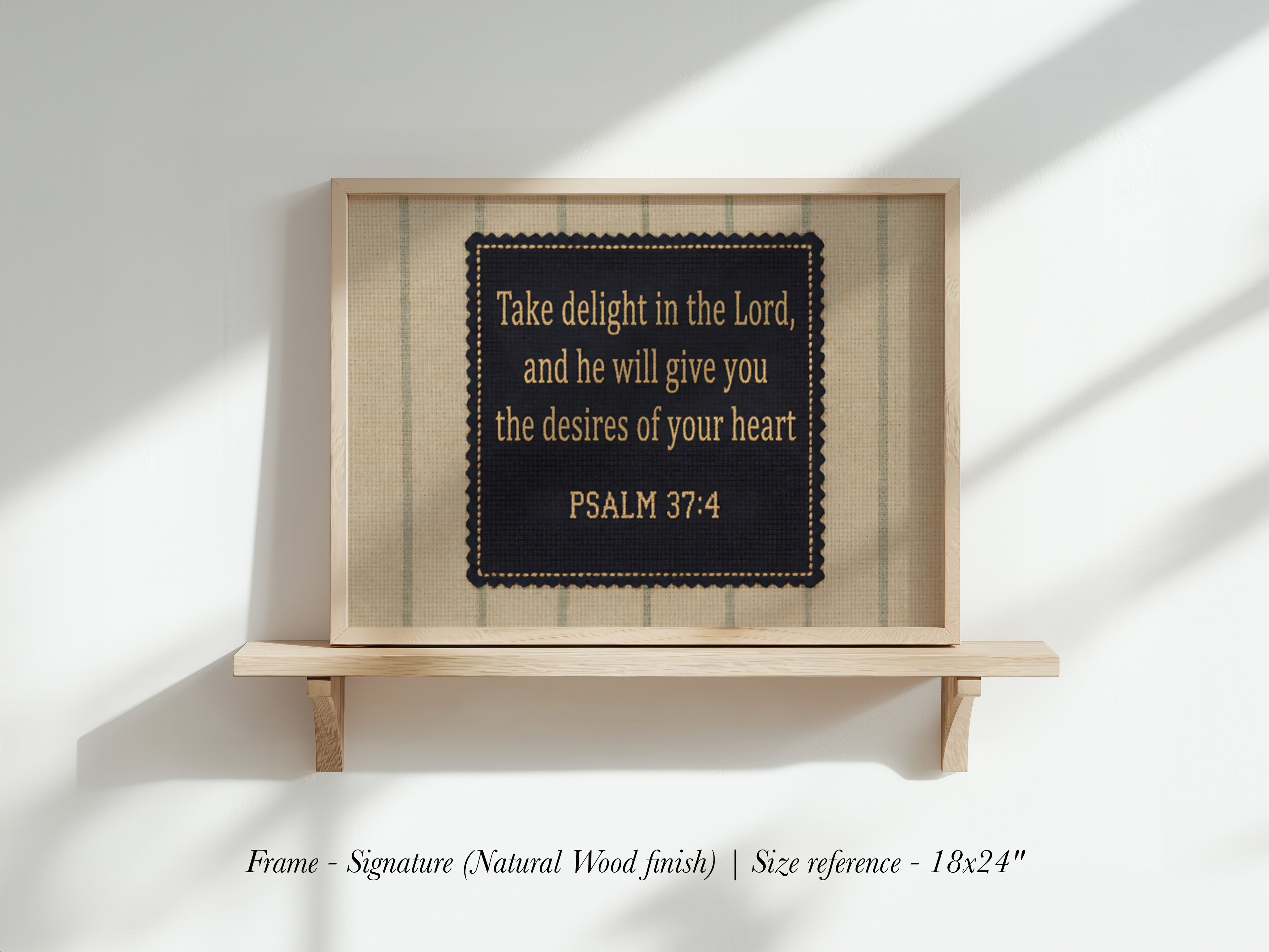 a framed Bible verse from Psalm 37:4, which reads "Take delight in the Lord, and he will give you the desires of your heart". The frame is made of natural wood finish, and the size reference provided is "18.3 x 24".