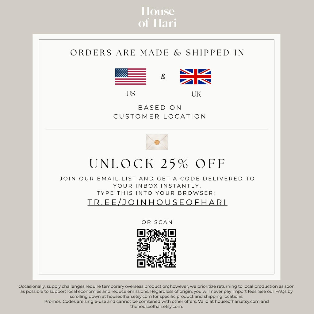 The image is a promotional flyer for a company called House of Hari, which offers orders made and shipped in the United States and the United Kingdom. The flyer advertises an email list and 25% off for joining the list, and provides a code for instant delivery to the customer's INDEX.