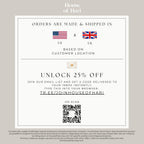 The image is a promotional flyer for a company called House of Hari, which offers orders made and shipped in the United States and the United Kingdom. The flyer advertises an email list and 25% off for joining the list, and provides a code for instant delivery to the customer's INDEX.