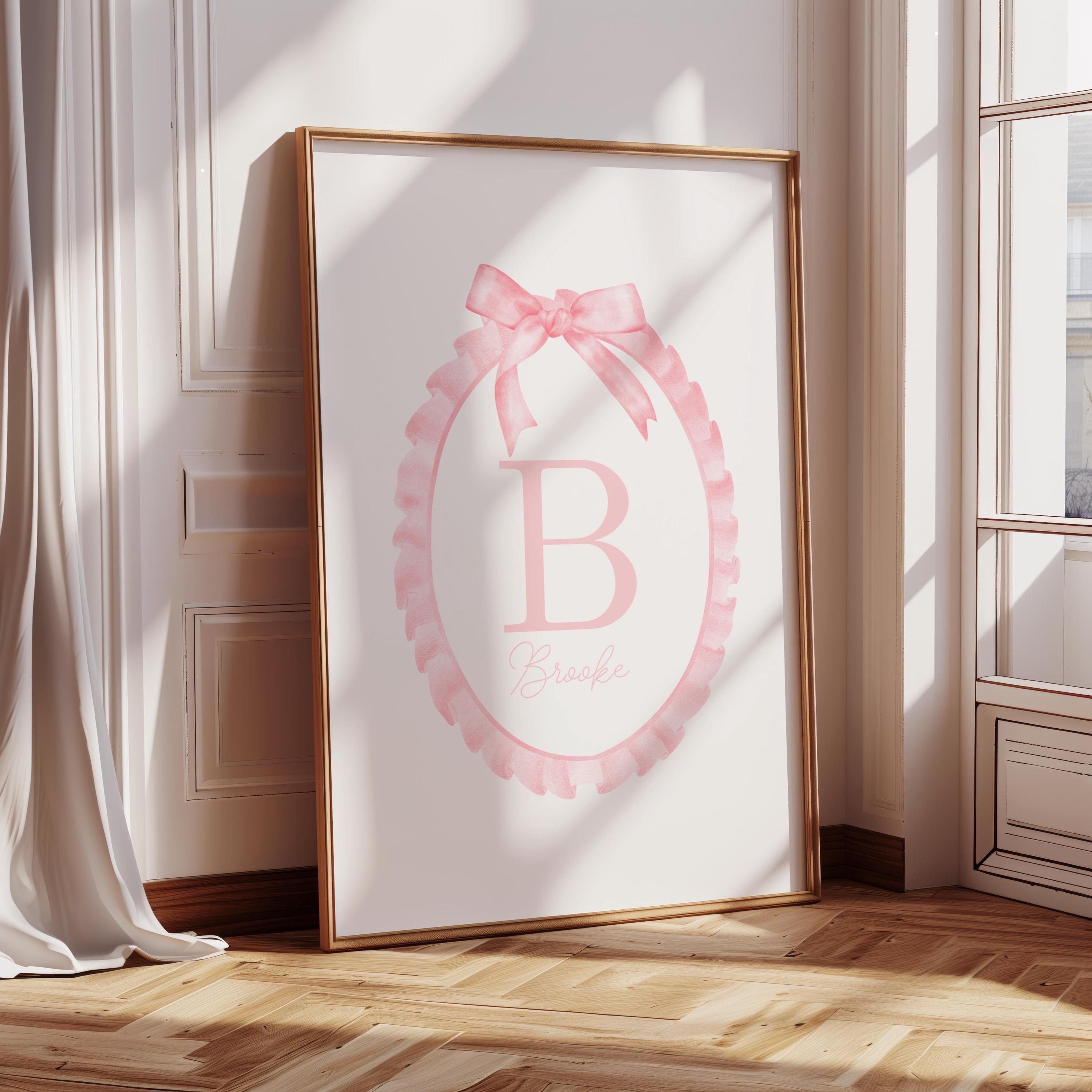 Custom Initial Print, Baby name nursery girl, Coquette bows nursery, Initial name print, Pink, Vintage Girl Nursery,Digital,Printable,Framed