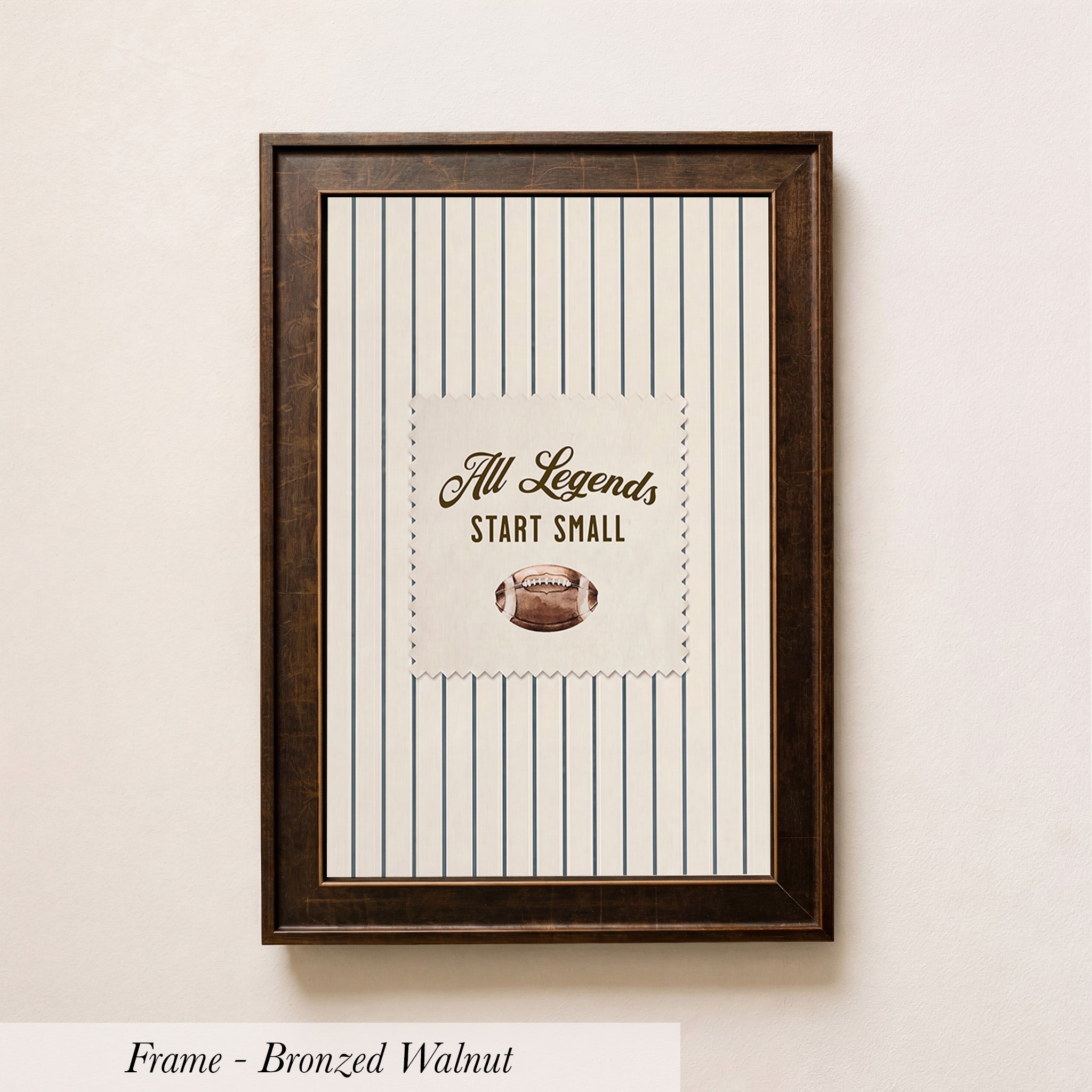 A framed picture with a striped background and a football image in the center.