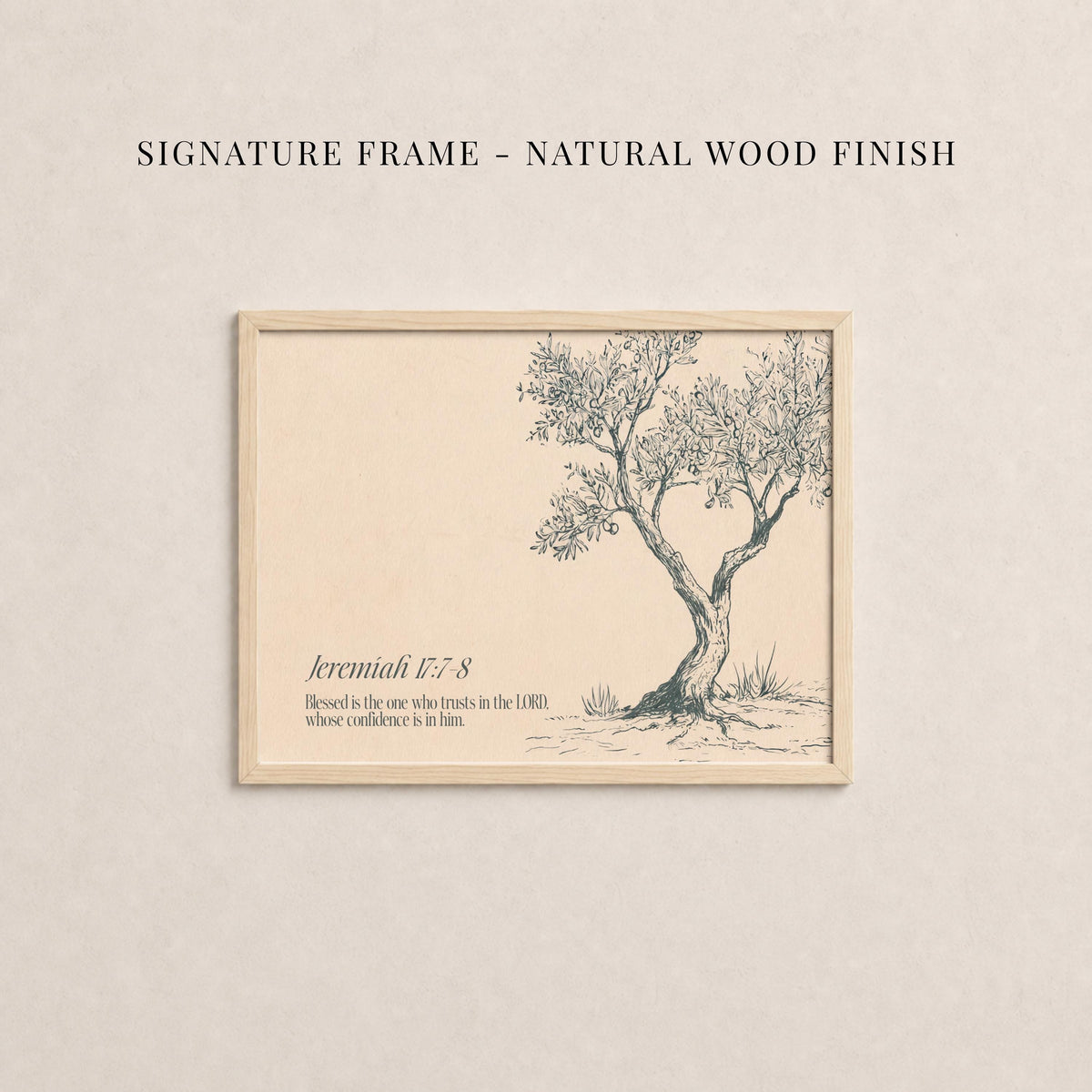The image is a framed artwork depicting a tree with a natural wood finish.