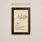 a framed print with a branch and leaves on it, along with a biblical verse from the book of 1:1-5.