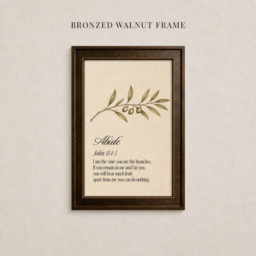 a framed print with a branch and leaves on it, along with a biblical verse from the book of 1:1-5.
