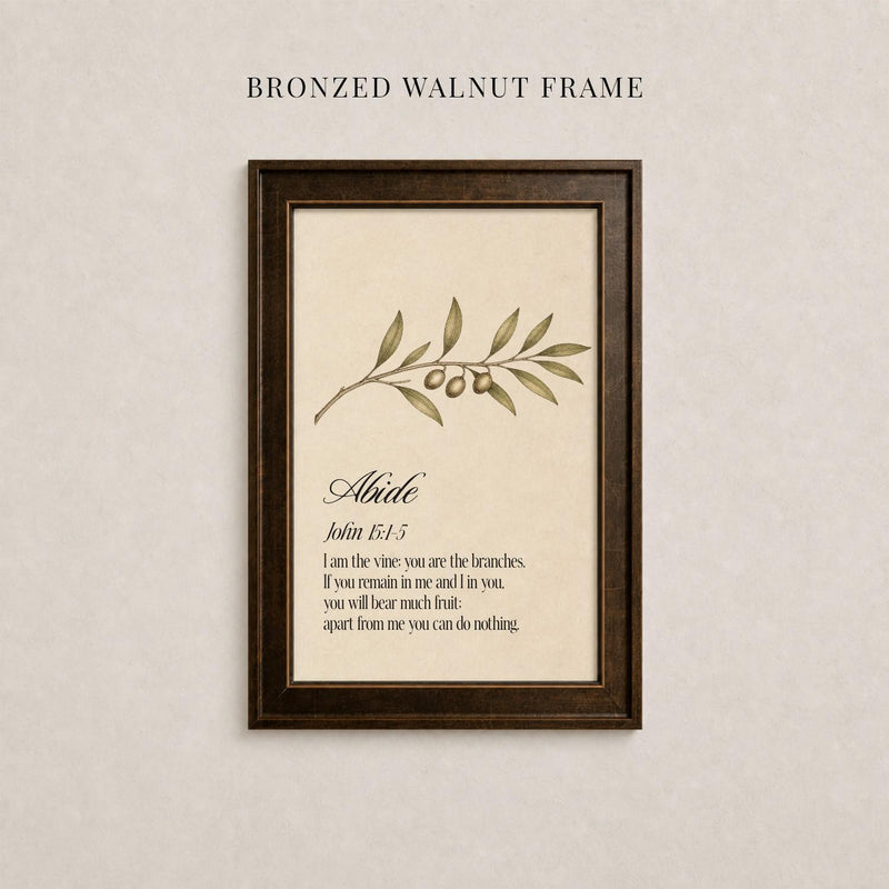 a framed print with a branch and leaves on it, along with a biblical verse from the book of 1:1-5.