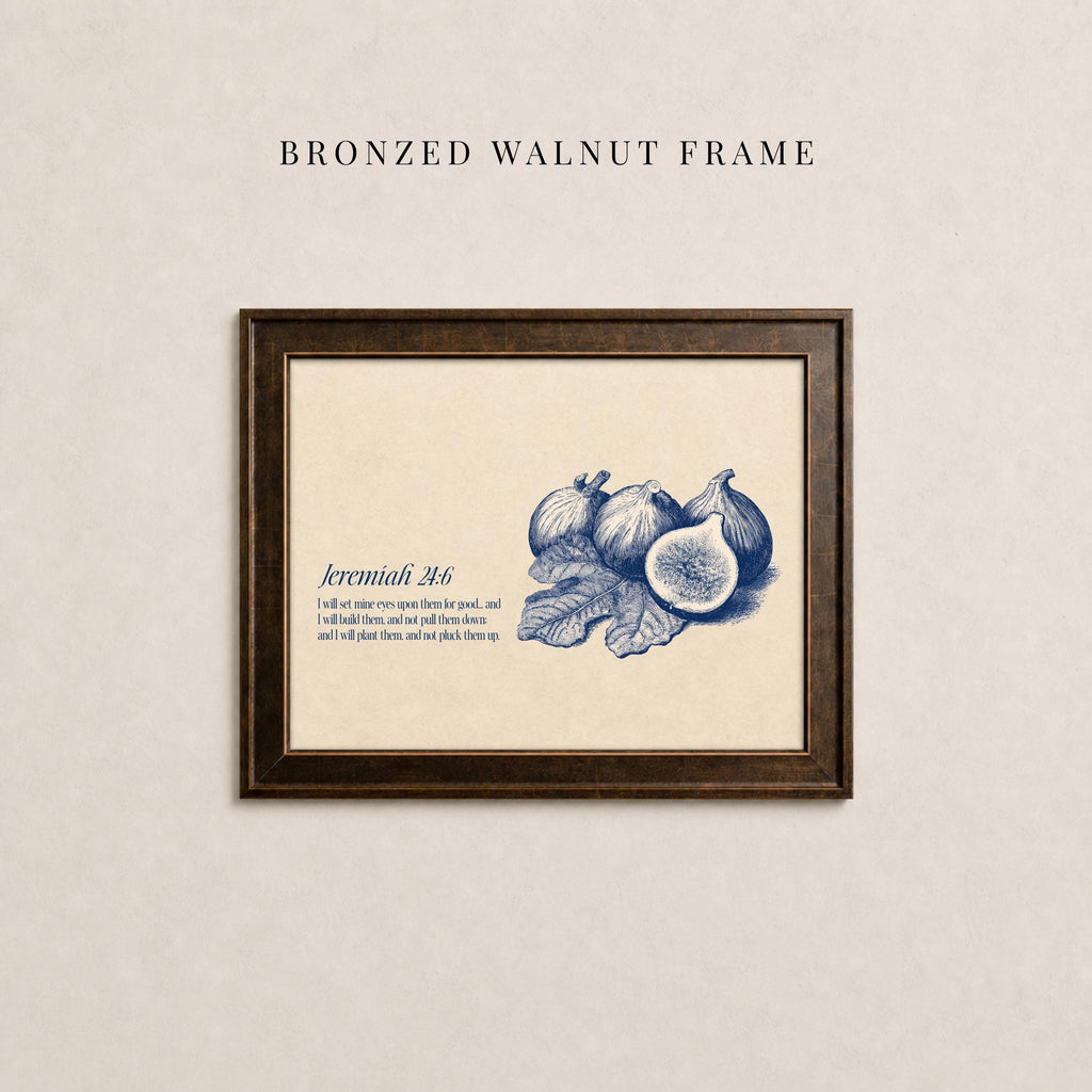 The image is a framed print featuring an illustration of a bunch of figs and leaves, with a caption below the illustration.