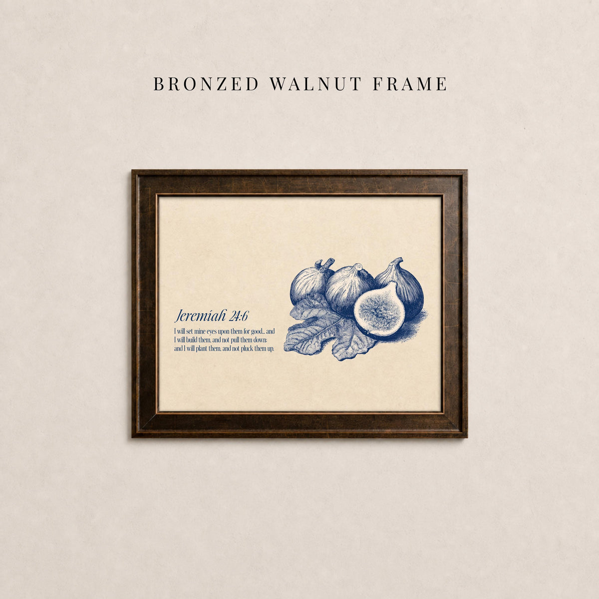 The image is a framed print featuring an illustration of a bunch of figs and leaves, with a caption below the illustration.