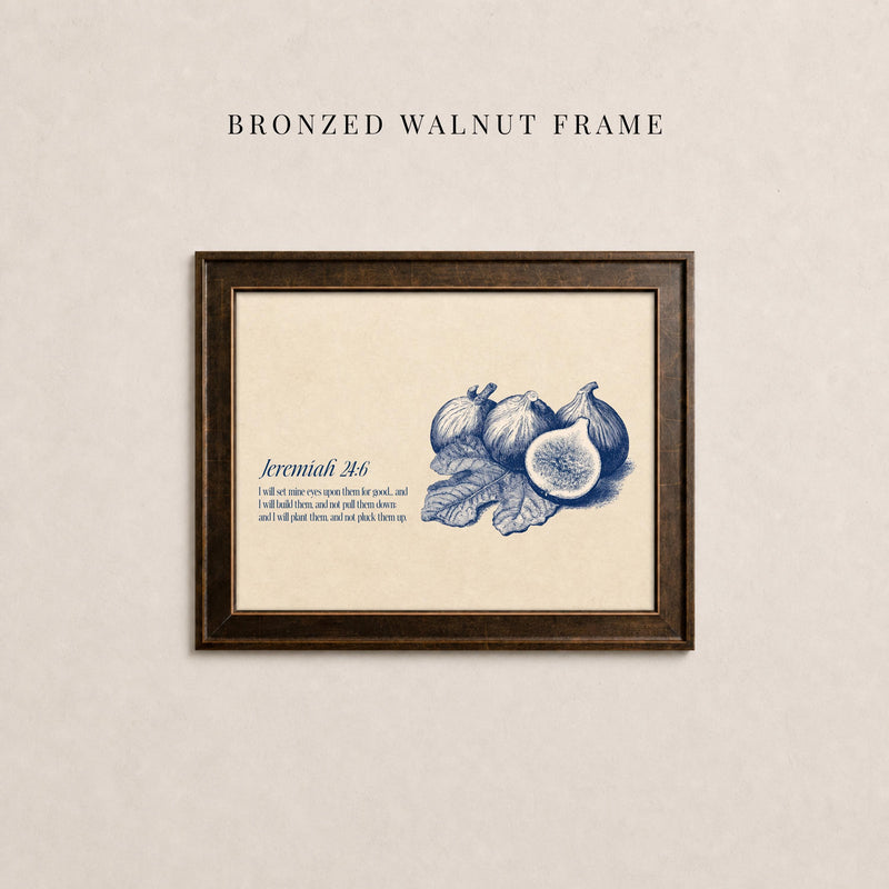 The image is a framed print featuring an illustration of a bunch of figs and leaves, with a caption below the illustration.