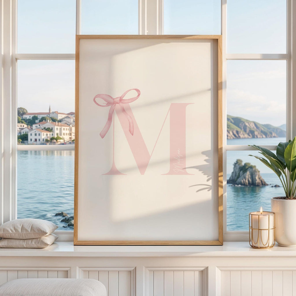Pink bow coquette wall decoration print Custom Initial Bow Print, bow baby girl name, girls name sign, preppy, vintage, Printable, Framed