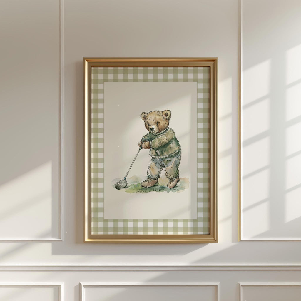 Set of 6 Vintage Teddy Bear Sports Wall Art, Babyshower Gift Boy, Watercolor Illustrations, Sports Nursery Theme Decor for Kids Room