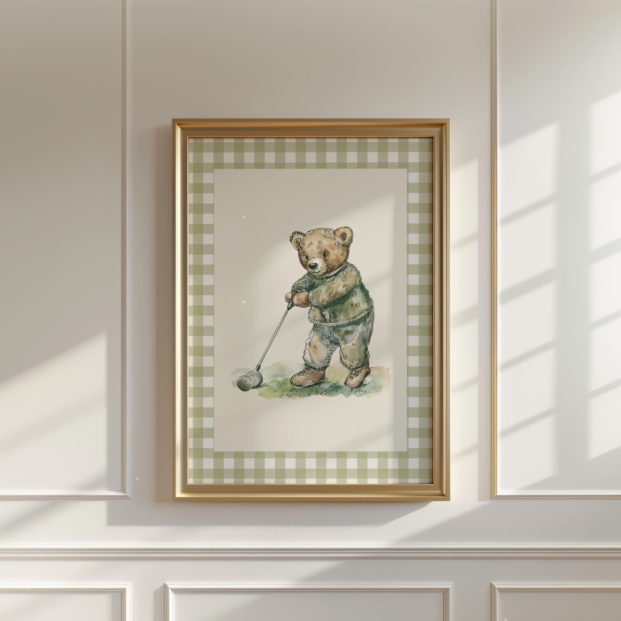 Set of 6 Vintage Teddy Bear Sports Wall Art, Babyshower Gift Boy, Watercolor Illustrations, Sports Nursery Theme Decor for Kids Room