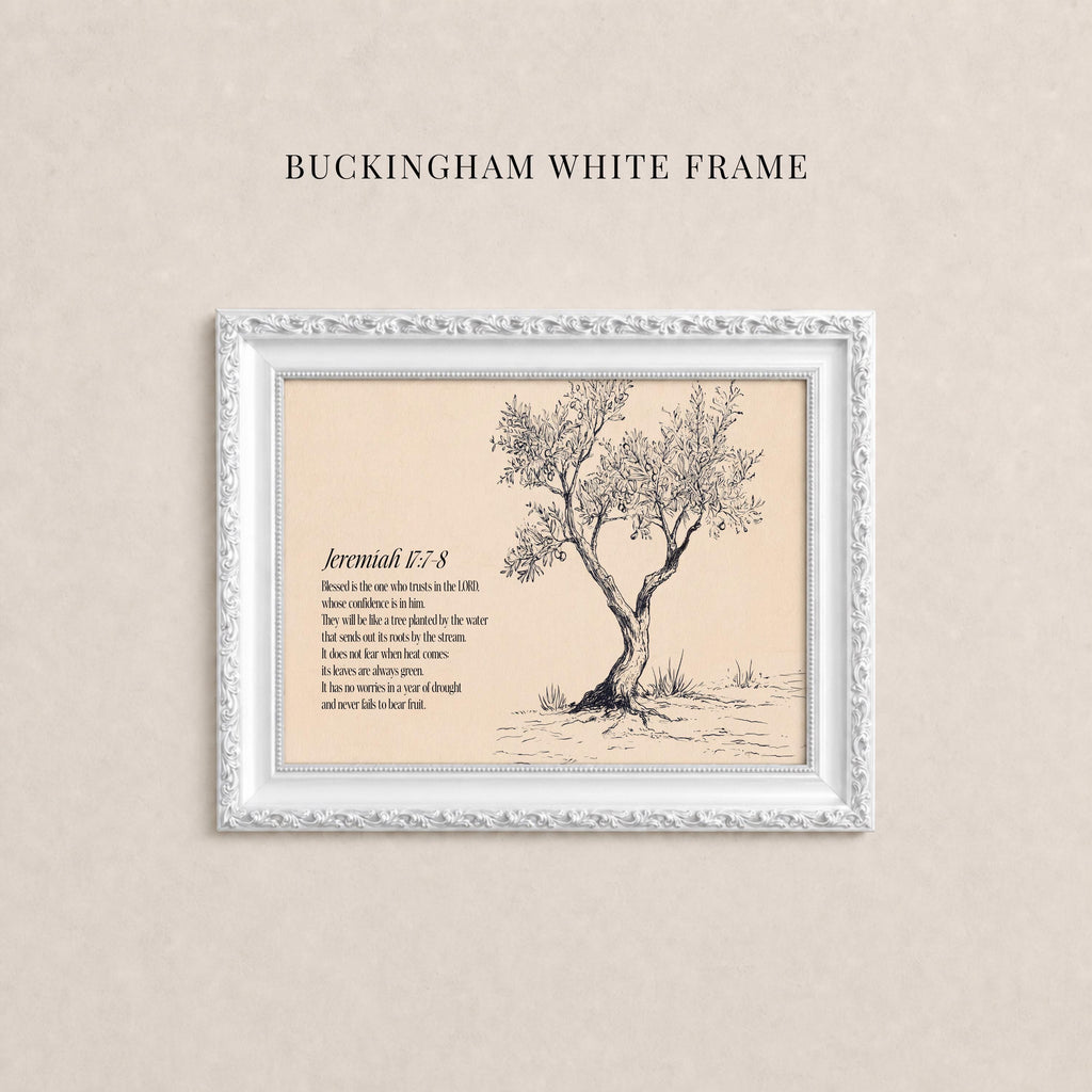 The image is a framed artwork depicting a tree with a text overlay, which appears to be a biblical verse from the book of Jeremiah.