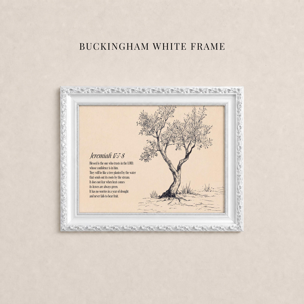 The image is a framed artwork depicting a tree with a text overlay, which appears to be a biblical verse from the book of Jeremiah.
