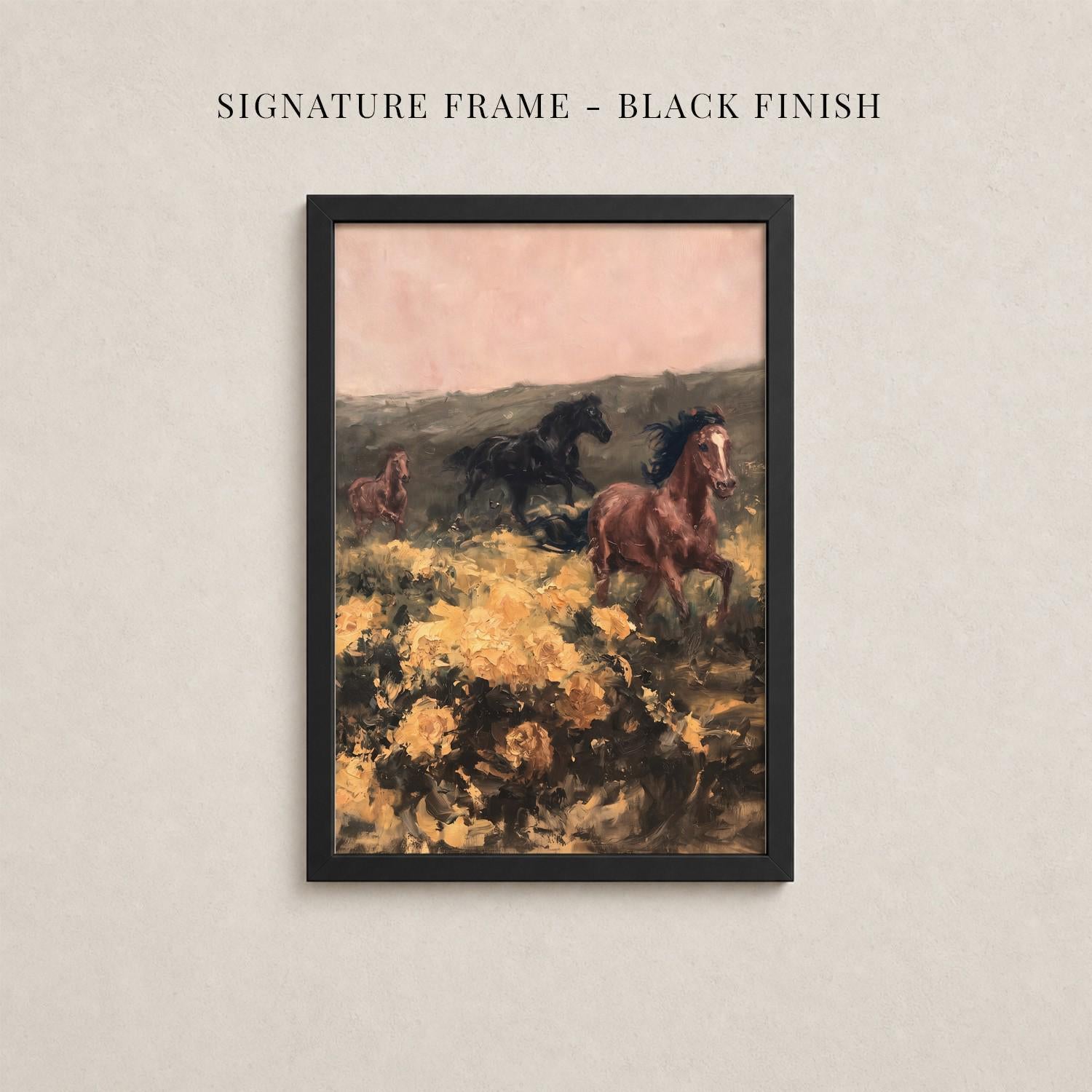 The image is a framed painting depicting three horses running through a field with yellow flowers.