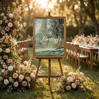 a wedding invitation sign with a floral backdrop, surrounded by a garden setting with tables and chairs.