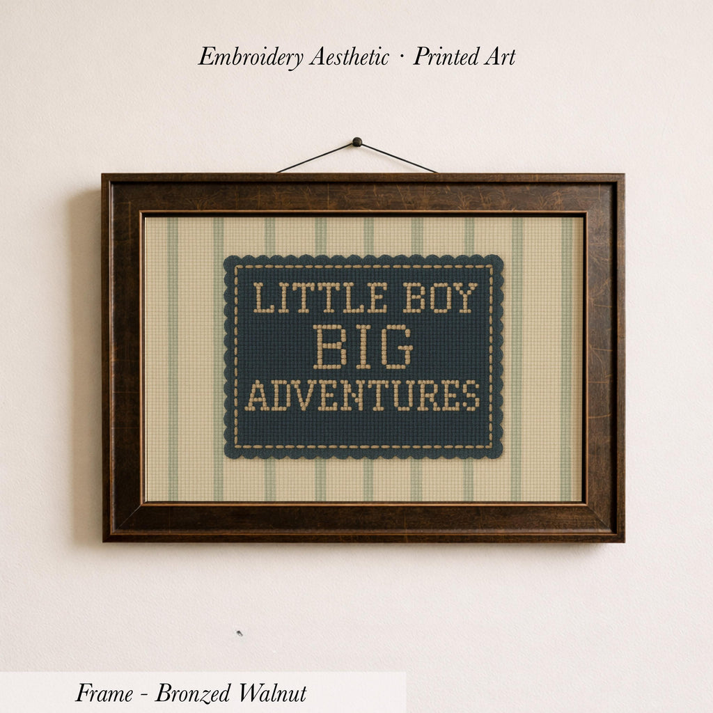 a framed embroidered design with the text "LITTLE BOY BIG ADVENTURES" on it.