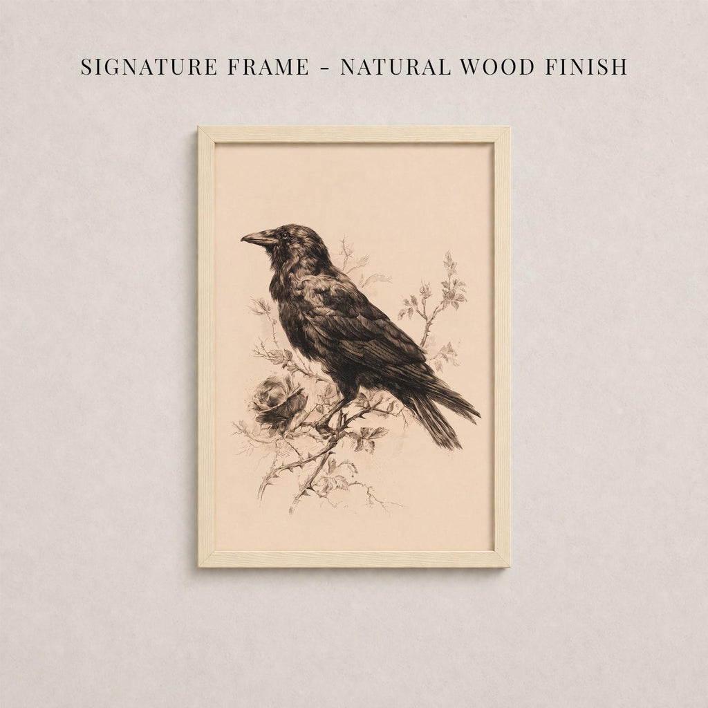 a framed illustration of a bird perched on a branch, with a natural wood finish.