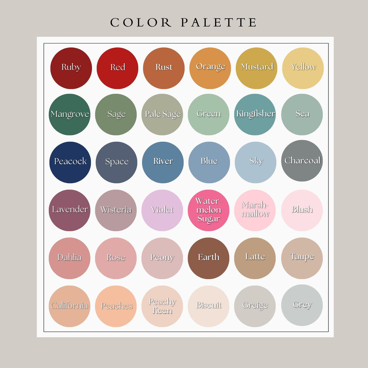 The image is a color palette featuring a variety of colors, including Ruby, Rust, Orange, Mustard, Yellow, Mangrove, Sage, Kingfisher, Sea, Peacock, Space, River, Blue, Sky, Charcoal, Lavender, Wisteria, Violet, Marshmallow, Blush, Watermelon Sugar, and more.