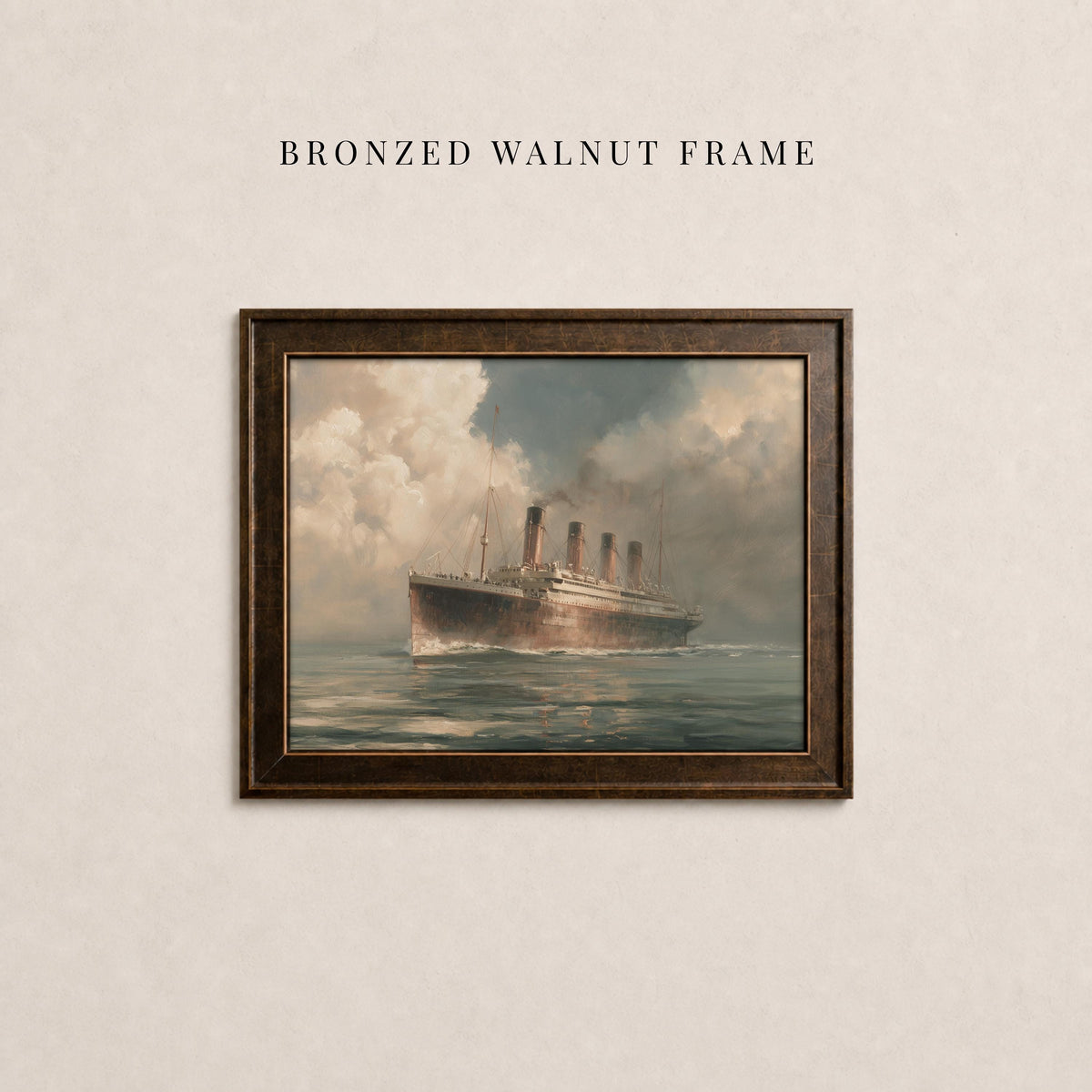The image is a framed painting of a large ship sailing on the ocean, with a cloudy sky in the background.