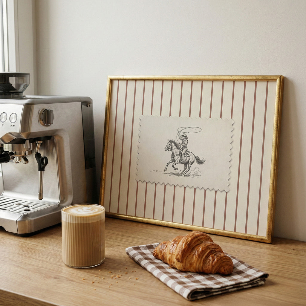 a wooden table with a framed picture of a cowboy on a horse, a croissant, and a cup of coffee.